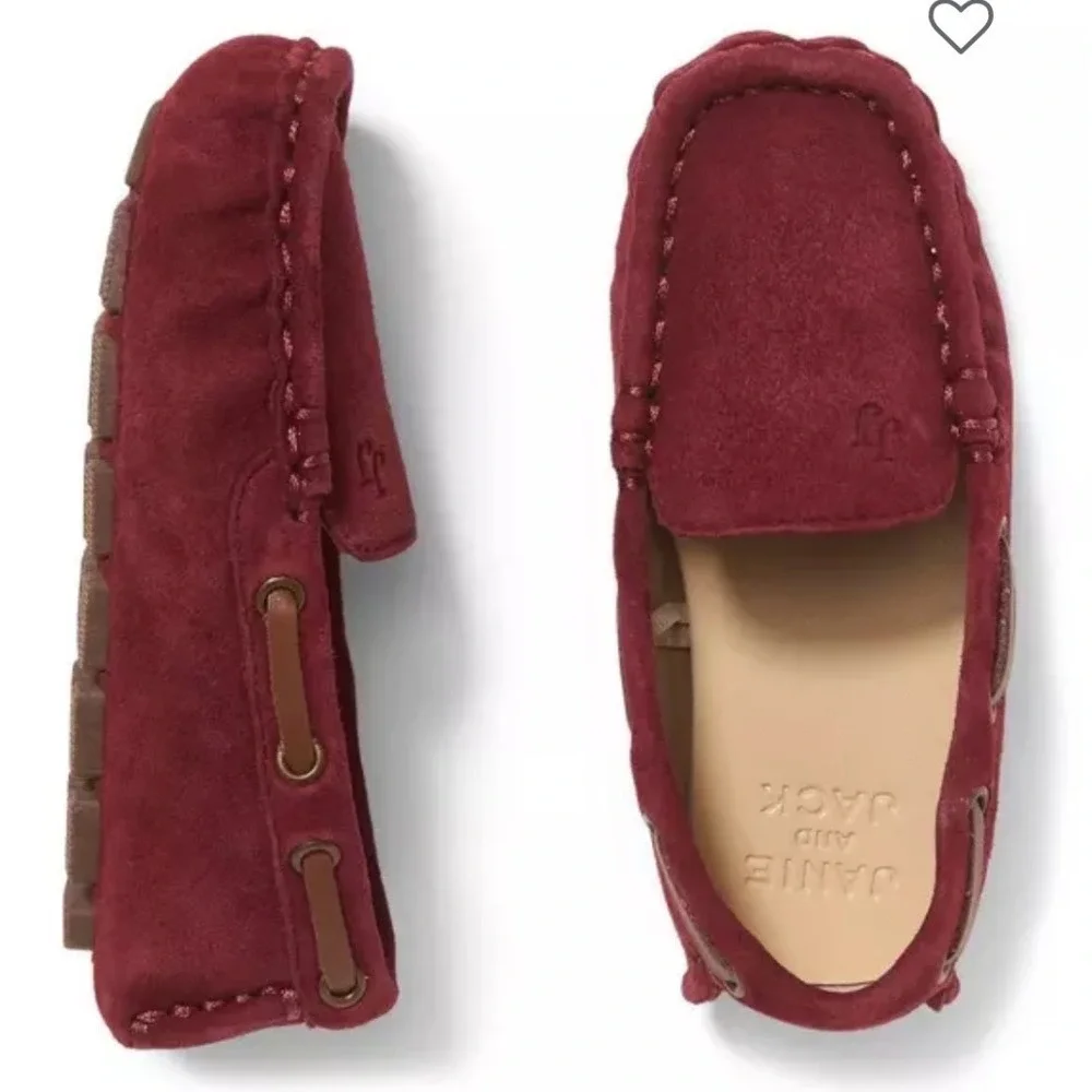 Janie and Jack Burgundy Suede Driving Loafers‎ Moc Toe Slip On Shoes JJ Logo